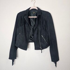 Audrey 3+1 Black Faux Suede Fringe Cropped Jacket Moto Biker Small Western‎